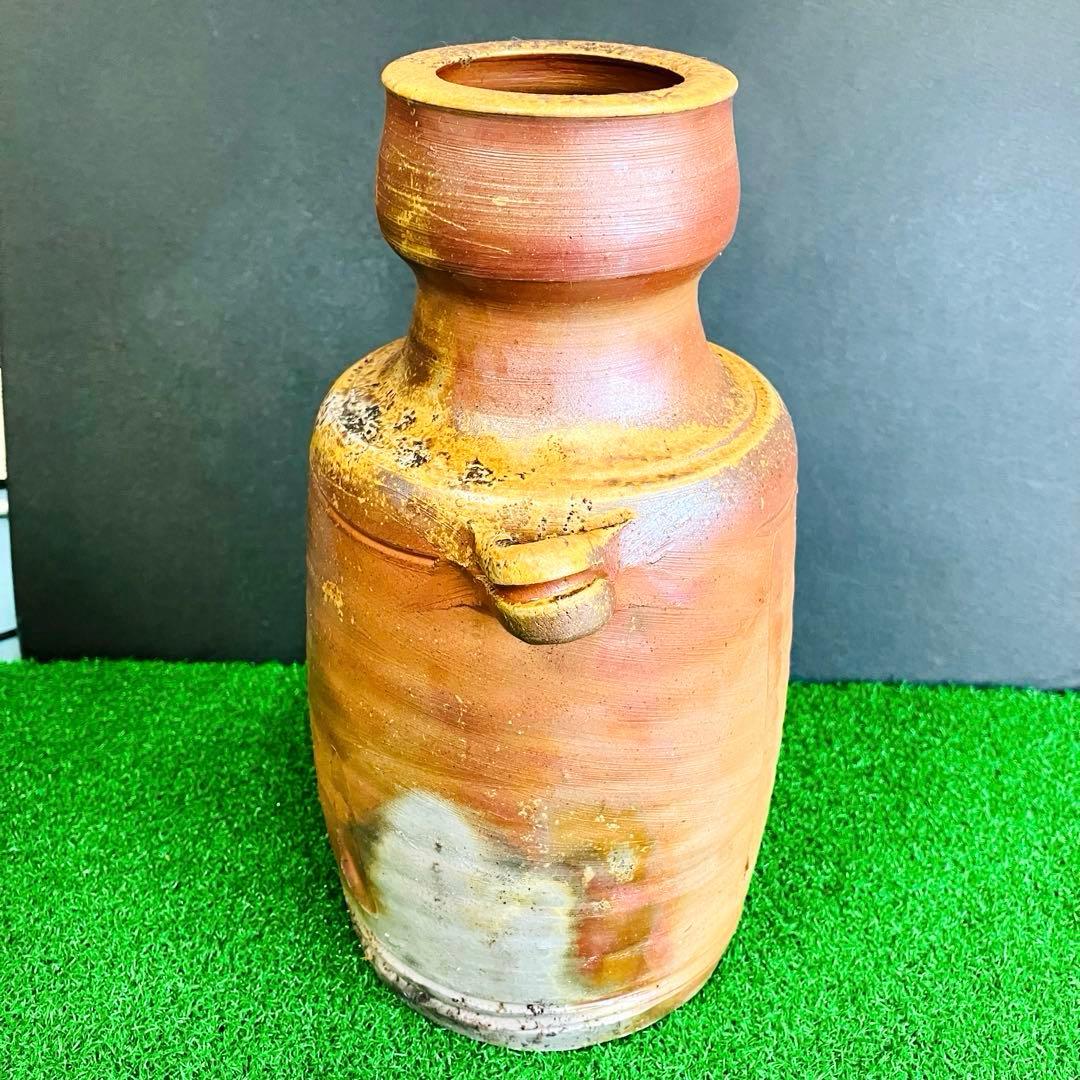 伝統工芸士 嶋幸博 備前焼 耳付花生 共箱 陶歴付き 登窯 骨董 焼き物 花瓶