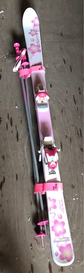 ジュニアスキーセット　スキー板／ビンディング／ポール／ホルダーベルト　ピンク花柄