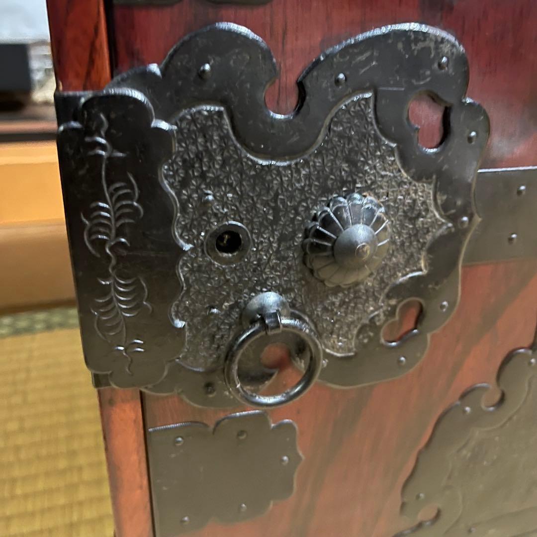 骨董 船箪笥 銭箱 引き出し 金具 鍵付 手提げ
