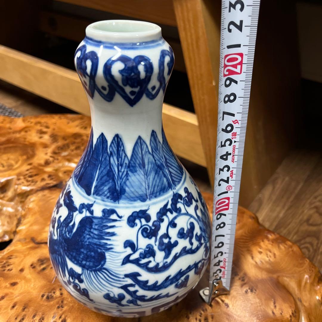 中国古美術　鳳凰　青と白が美しい陶器　大清康熙年製　花瓶 床の間などに♪ 壺