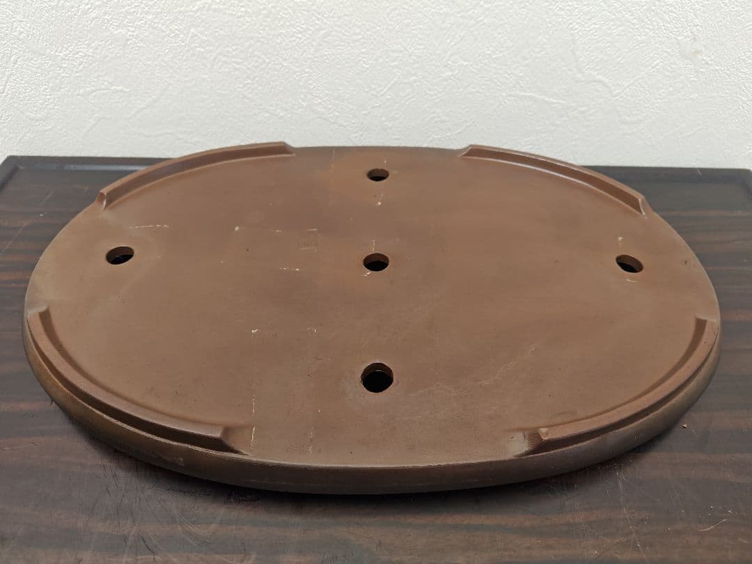陶器製楕円形盆栽鉢 約40cm× 26cm×3.5cm　薄型・中型盆栽鉢　落款