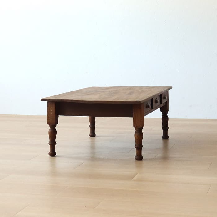 アンティーク ロクロ脚 引き出し3杯 無垢材 文机 古家具 トチ