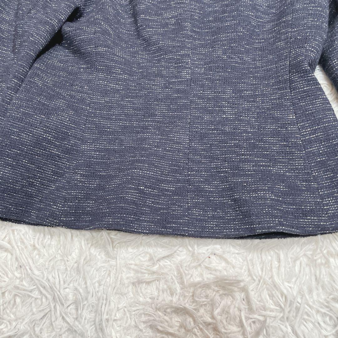 インディヴィ　ノーカラージャケット　セットアップ　ネイビー　ツイード　XS