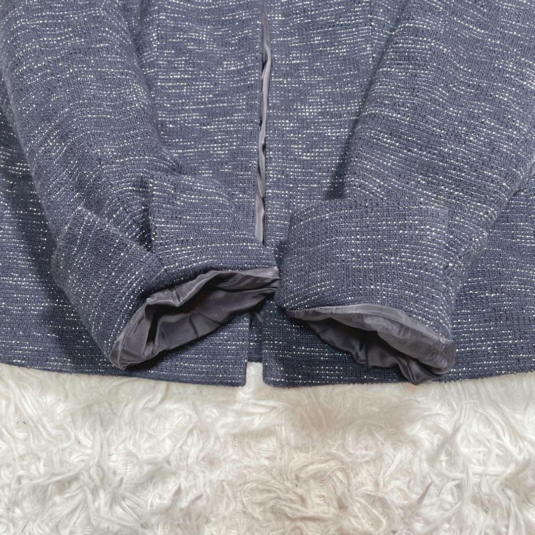 インディヴィ　ノーカラージャケット　セットアップ　ネイビー　ツイード　XS