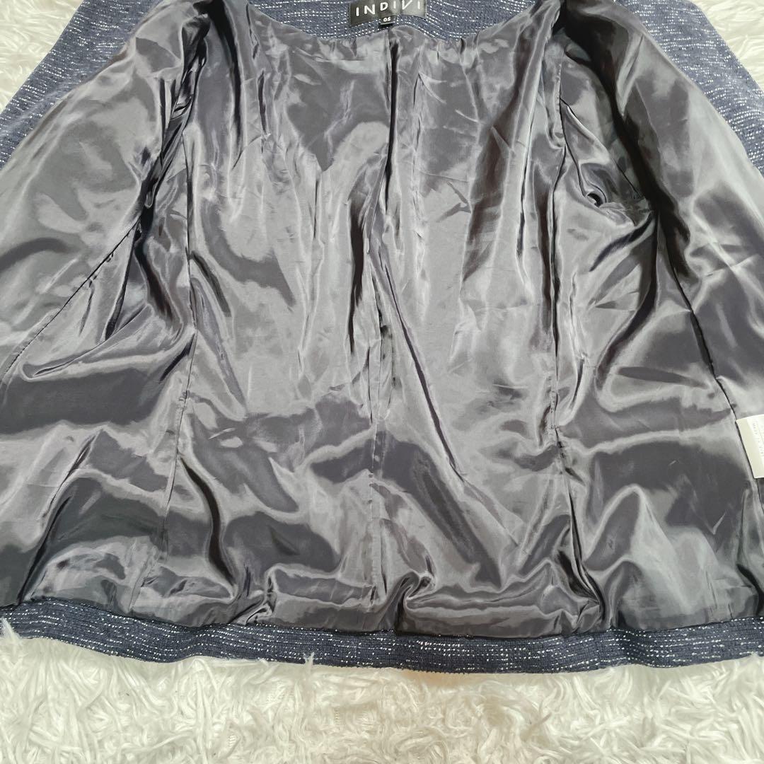 インディヴィ　ノーカラージャケット　セットアップ　ネイビー　ツイード　XS