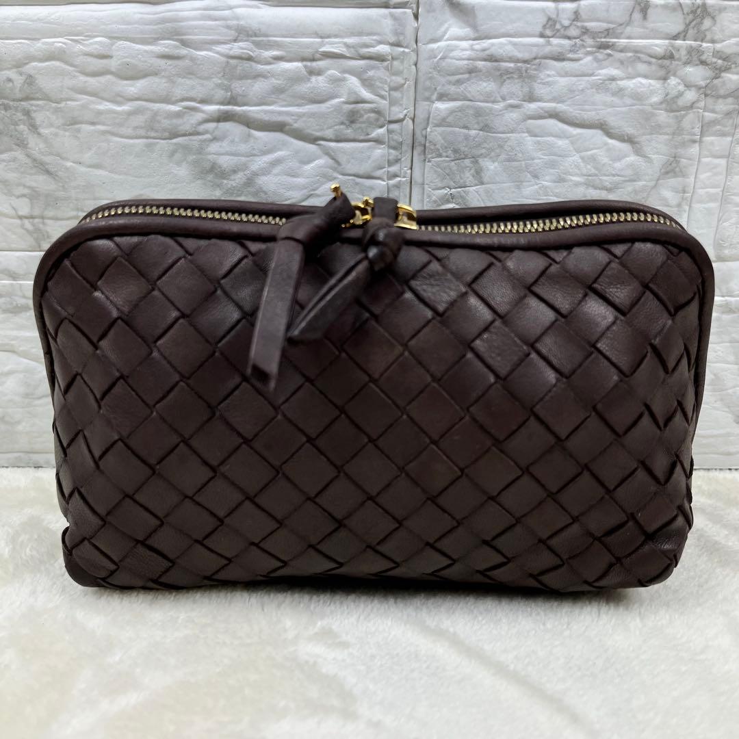 【美品】ボッテガヴェネタ マルチ ポーチ イントレチャート レザー 茶 ブラウン