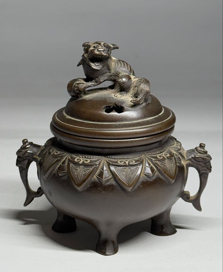 銅製　香炉　獅子蓋　象耳　銅器　茶器　茶道具　香道具　仏具