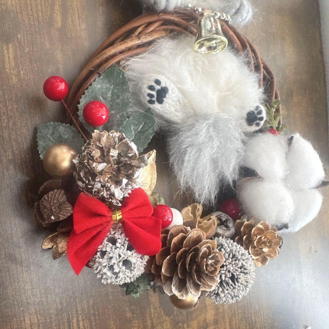 羊毛フェルト 猫 チンチラシルバー 猫リース クリスマス
