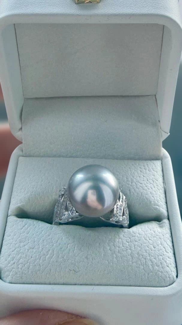 【本真珠】14mm超大珠 タヒチ黒蝶真珠 プラチナグレー リング 豪華18kGP