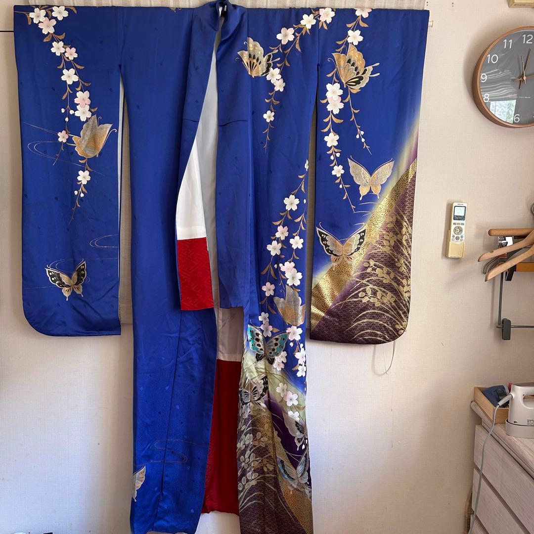 成人式　振袖　着物　正絹　青　肩身丈169㎝