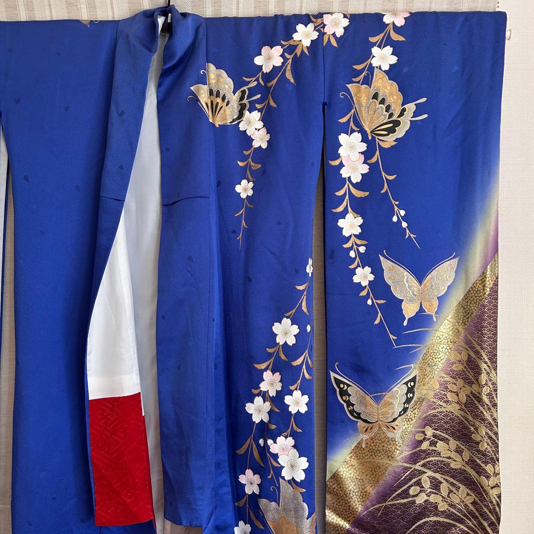成人式　振袖　着物　正絹　青　肩身丈169㎝
