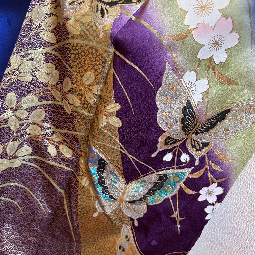 成人式　振袖　着物　正絹　青　肩身丈169㎝