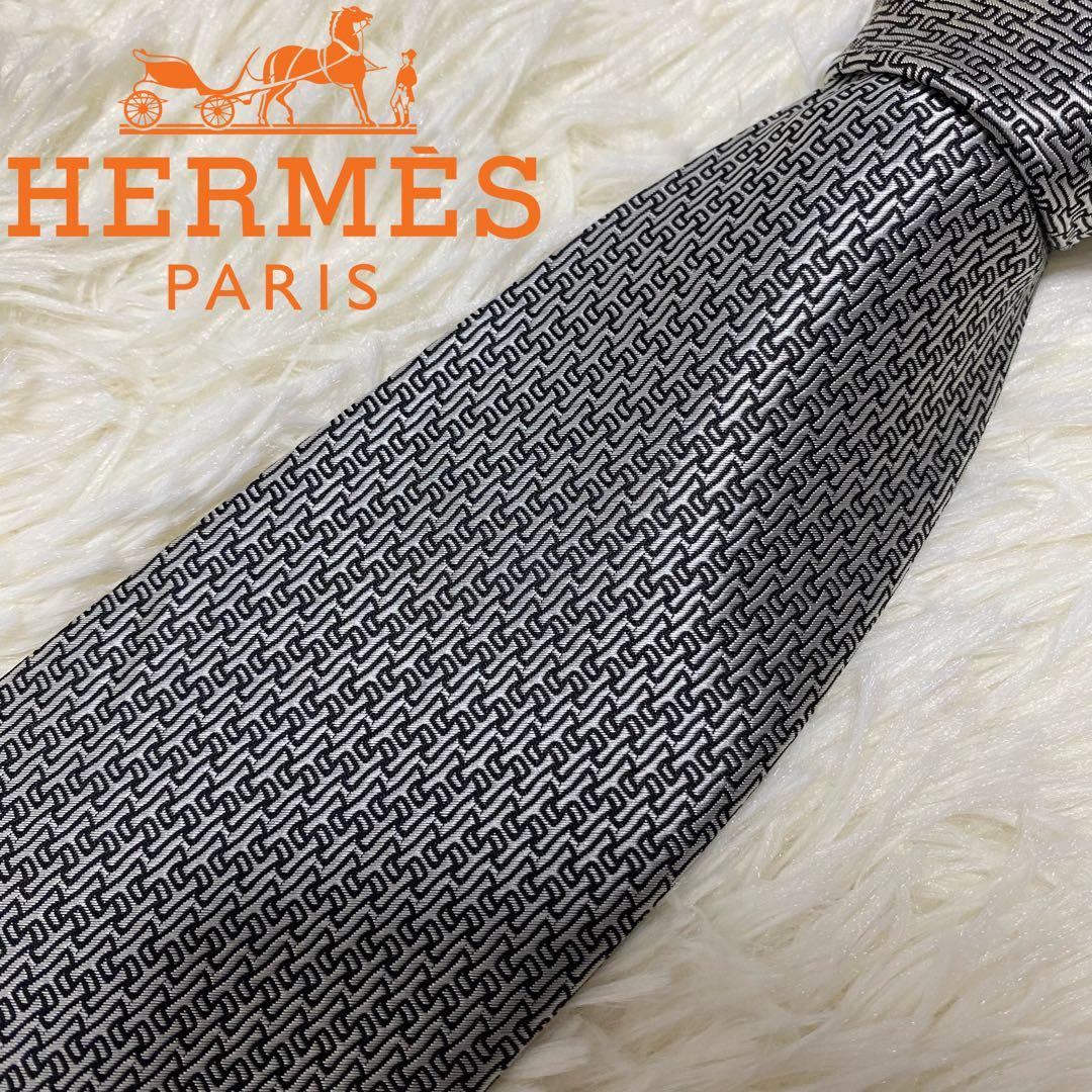 HERMES エルメス ネクタイ H柄 シルバー系 ファソネ 結婚式　成人式