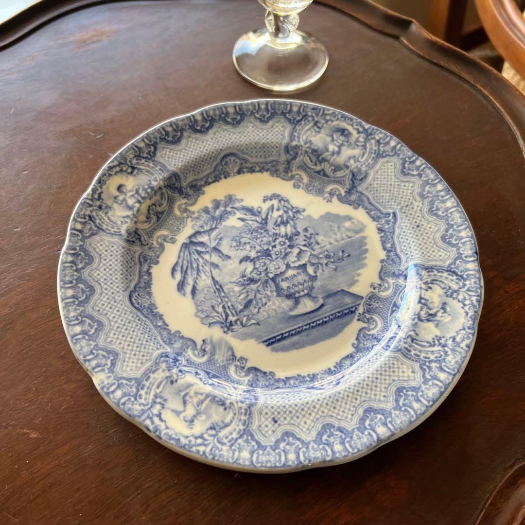 【英国アンティーク】美品　スポード　コープランド ブルー & ホワイト　天使　皿