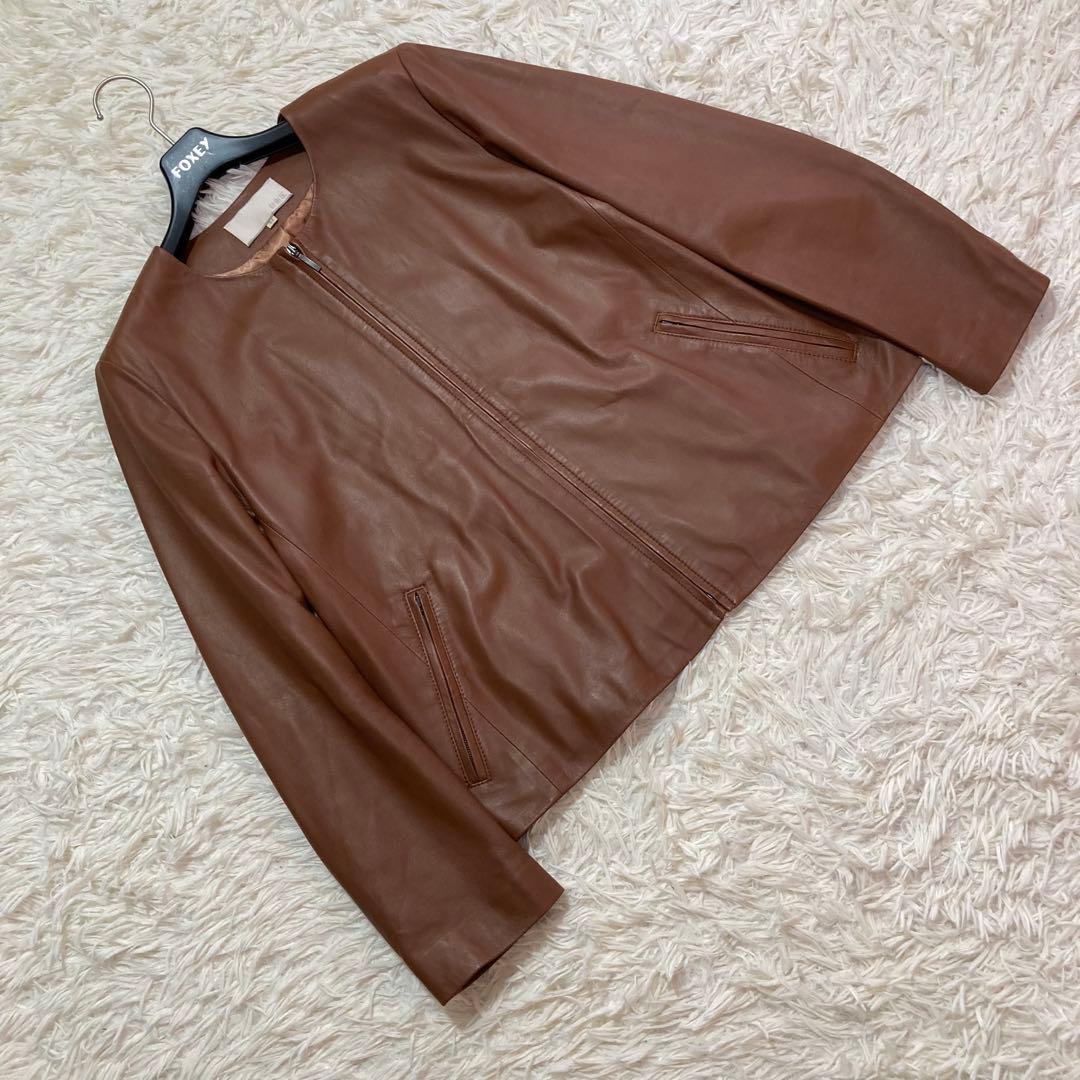 極美品✨自由区　ラムレザー　ノーカラー　ジャケット　44 茶　19AW 大きい