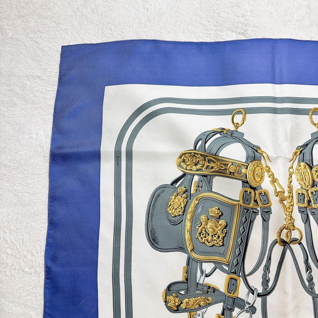 エルメス カレ90 式典の馬具 スカーフ シルク ブルー ゴールド