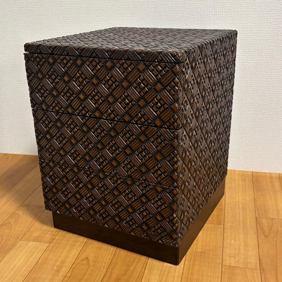 木彫り細工　寄木細工　三段引き出し　高級民芸家具　小物収納