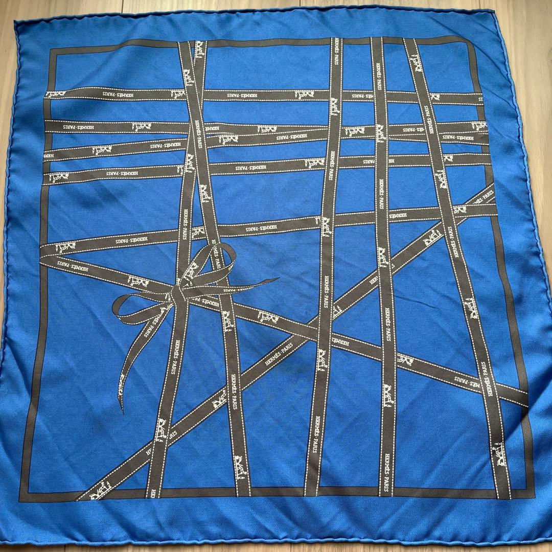 R*読様 ✨エルメス✨シルク100% スカーフ青 リボンデザイン