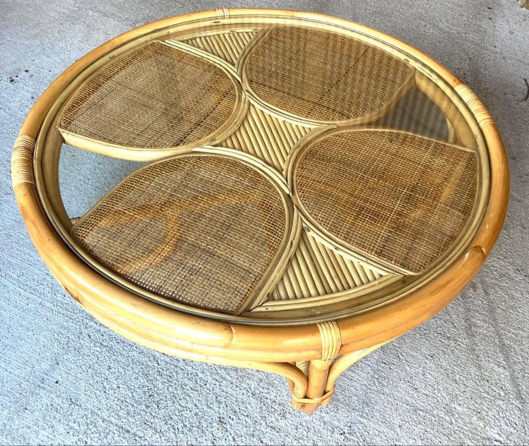 天然素材　ガラス天板　籐ラタンテーブ サイド 丸テーブル　昭和レトロ おしゃれ