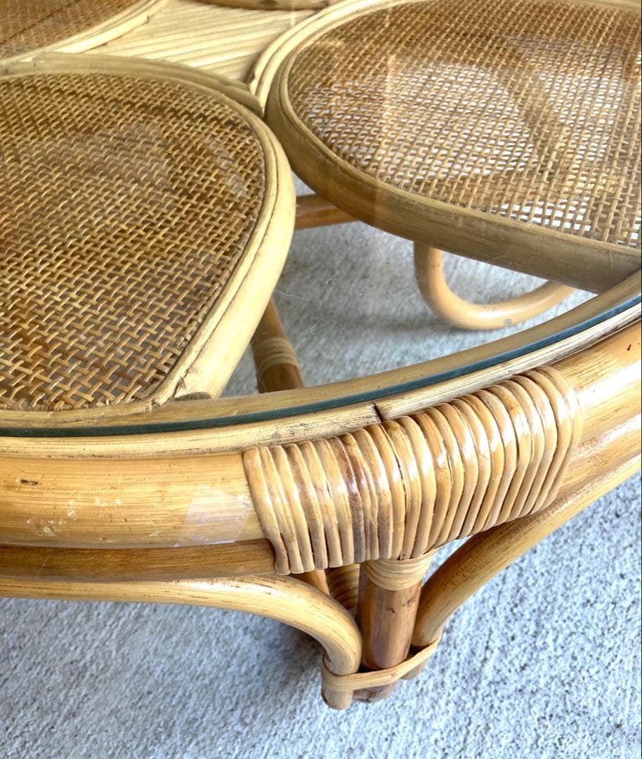 天然素材　ガラス天板　籐ラタンテーブ サイド 丸テーブル　昭和レトロ おしゃれ