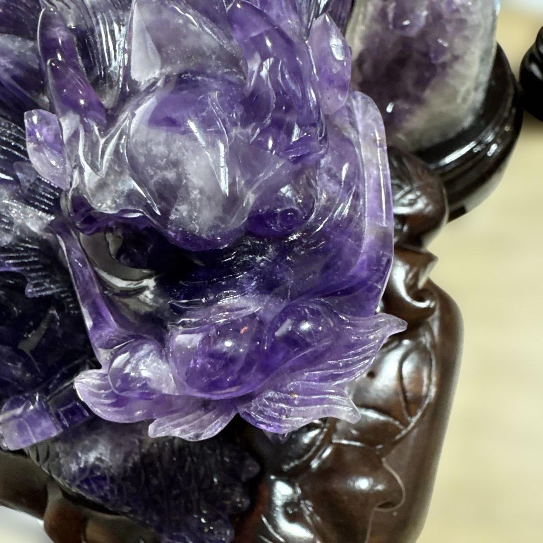 【コレクション】ウルグアイ産アメジスト 龍亀彫刻 高透明 一点物 台座付