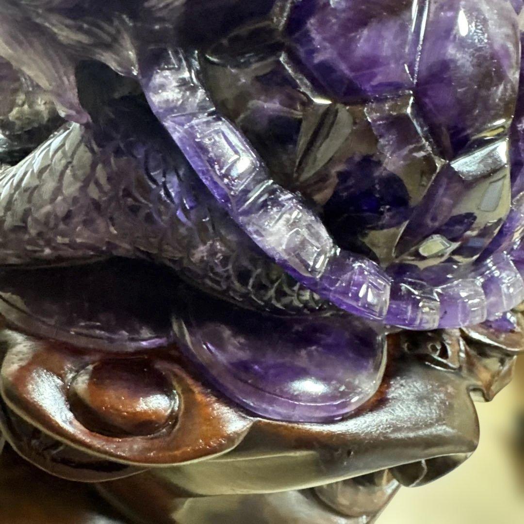 【コレクション】ウルグアイ産アメジスト 龍亀彫刻 高透明 一点物 台座付