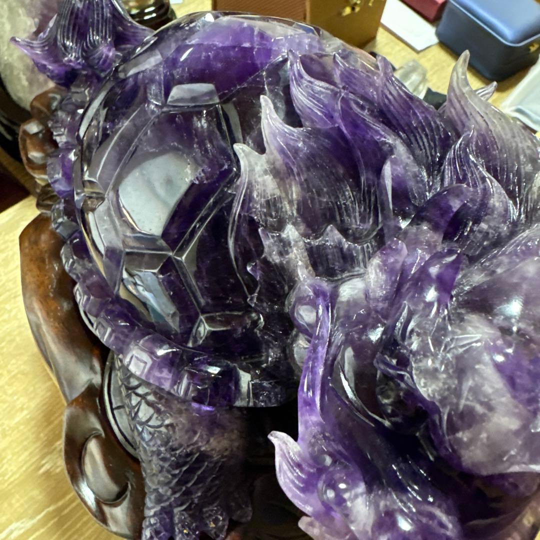 【コレクション】ウルグアイ産アメジスト 龍亀彫刻 高透明 一点物 台座付