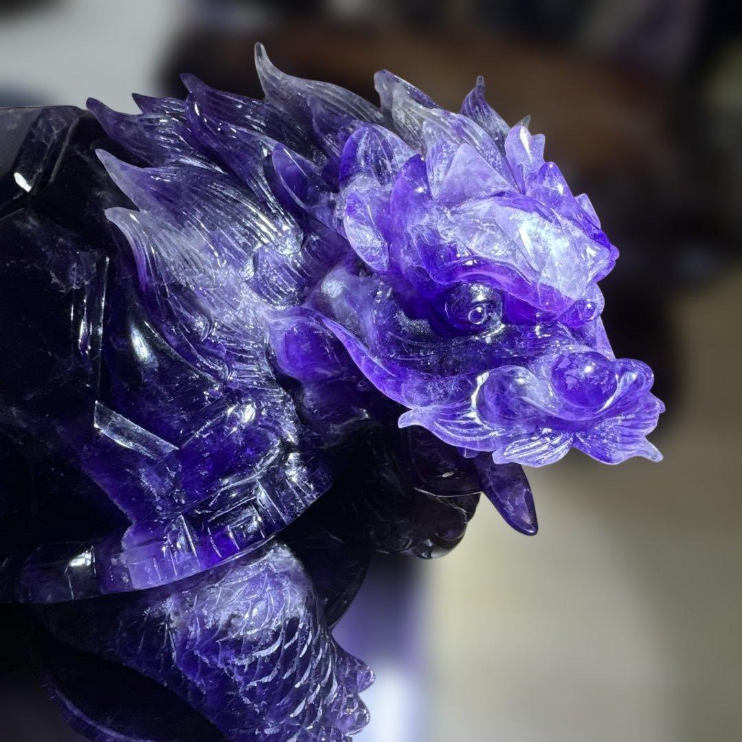 【コレクション】ウルグアイ産アメジスト 龍亀彫刻 高透明 一点物 台座付
