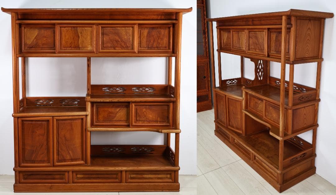 特注品　総無垢欅製　茶棚　茶箪笥　飾り棚　茶道具　煎茶道具 BJ221