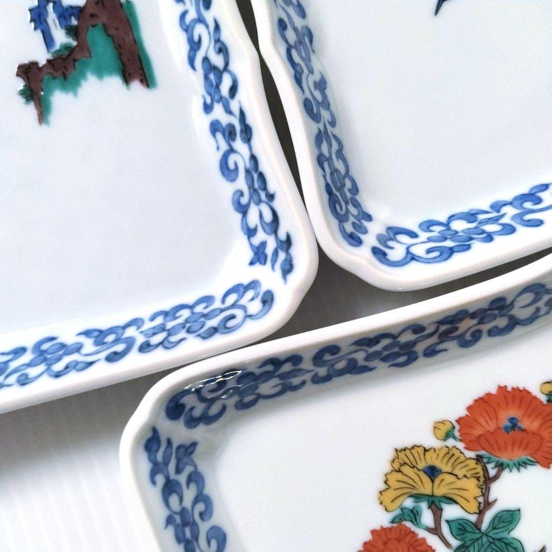 古九谷 九谷焼 九谷青郊 青郊窯 絵変わり 花鳥図 長角皿 角皿 5客揃