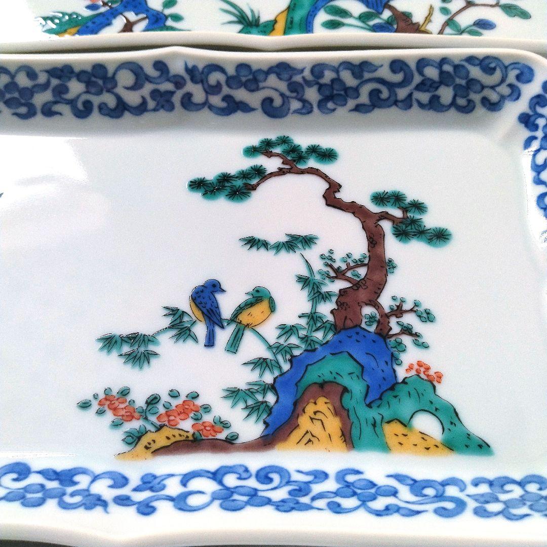 古九谷 九谷焼 九谷青郊 青郊窯 絵変わり 花鳥図 長角皿 角皿 5客揃