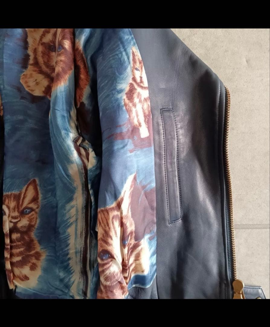 あちゃちゅむ★ダブル ライダースジャケット★山羊革 裏地猫柄