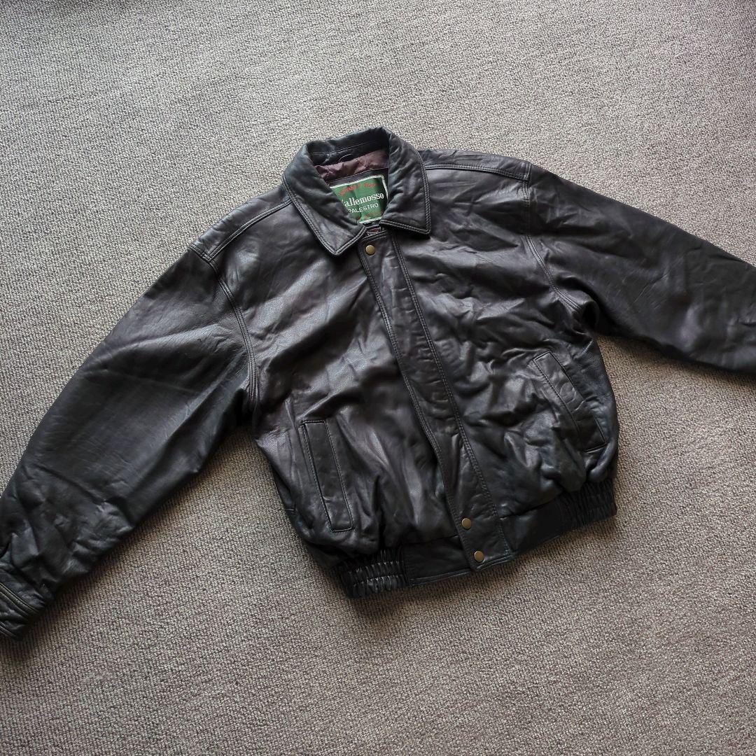 90s​本革羊革ラムレザーA2型襟付きフライトジャケットブルゾン黒Mゆるだぼ短丈