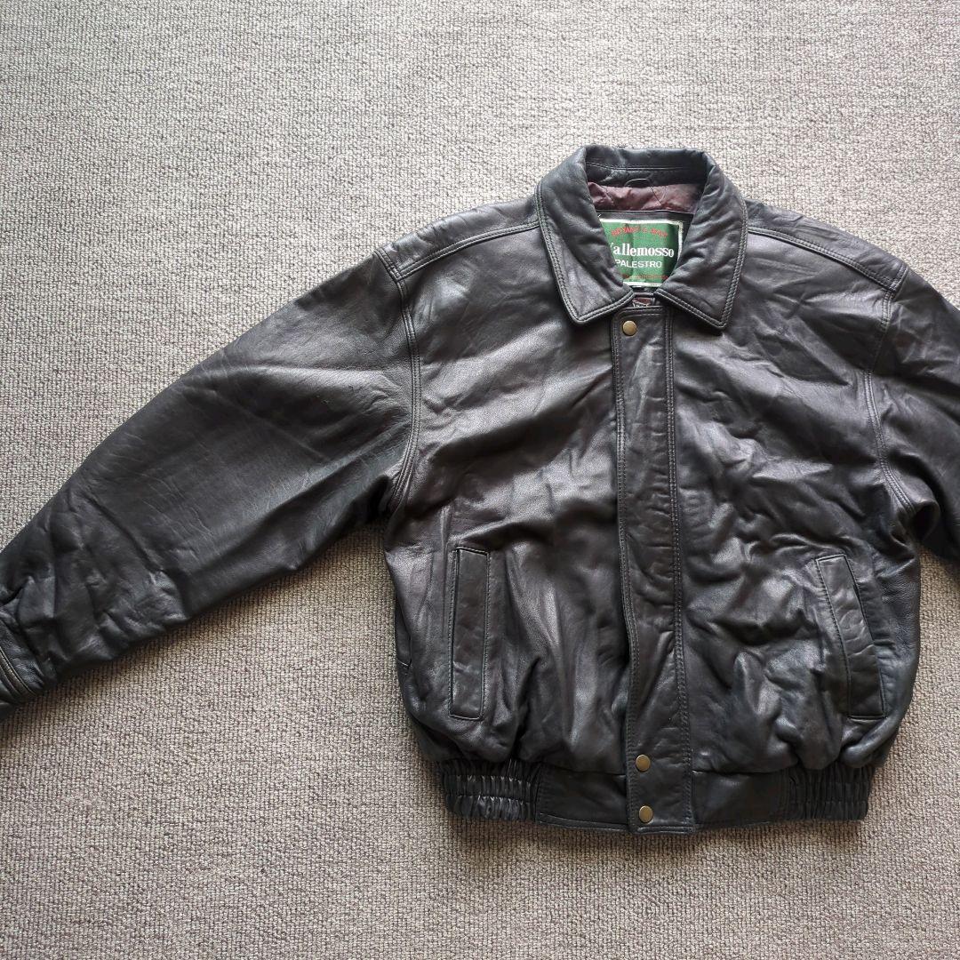 90s​本革羊革ラムレザーA2型襟付きフライトジャケットブルゾン黒Mゆるだぼ短丈