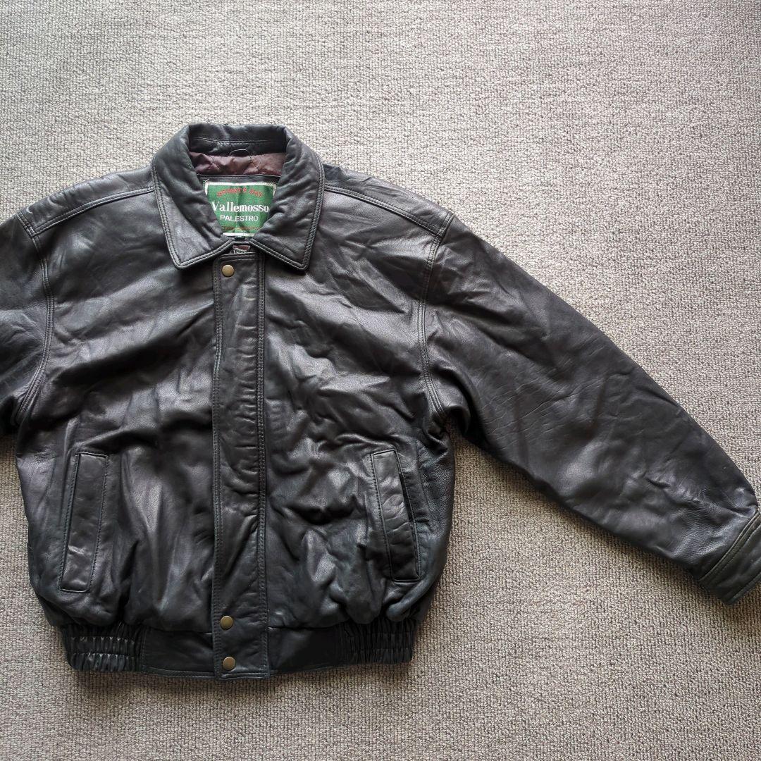 90s​本革羊革ラムレザーA2型襟付きフライトジャケットブルゾン黒Mゆるだぼ短丈