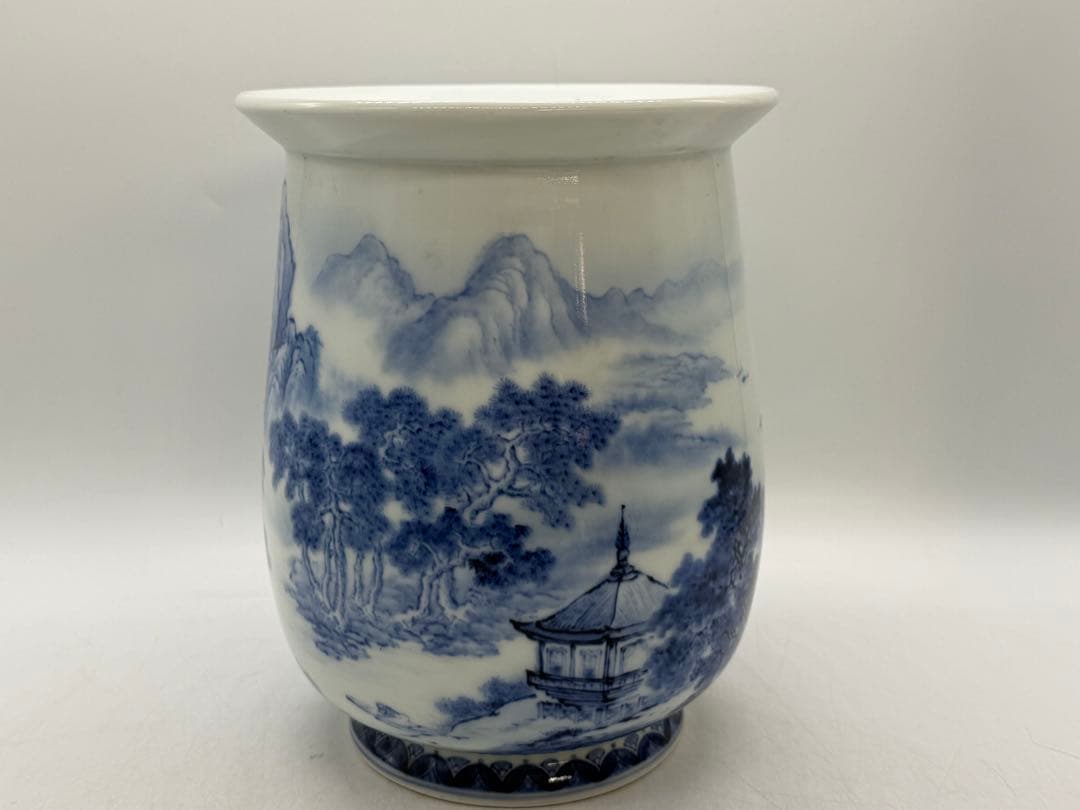 オールド深川　染付花器　山水楼閣紋　送料込み260121