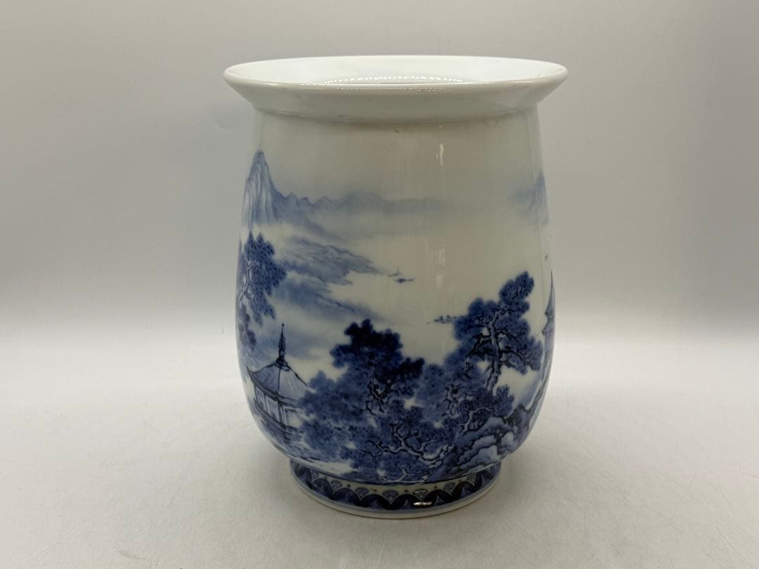 オールド深川　染付花器　山水楼閣紋　送料込み260121