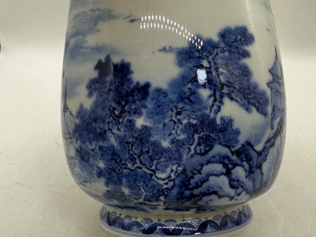 オールド深川　染付花器　山水楼閣紋　送料込み260121