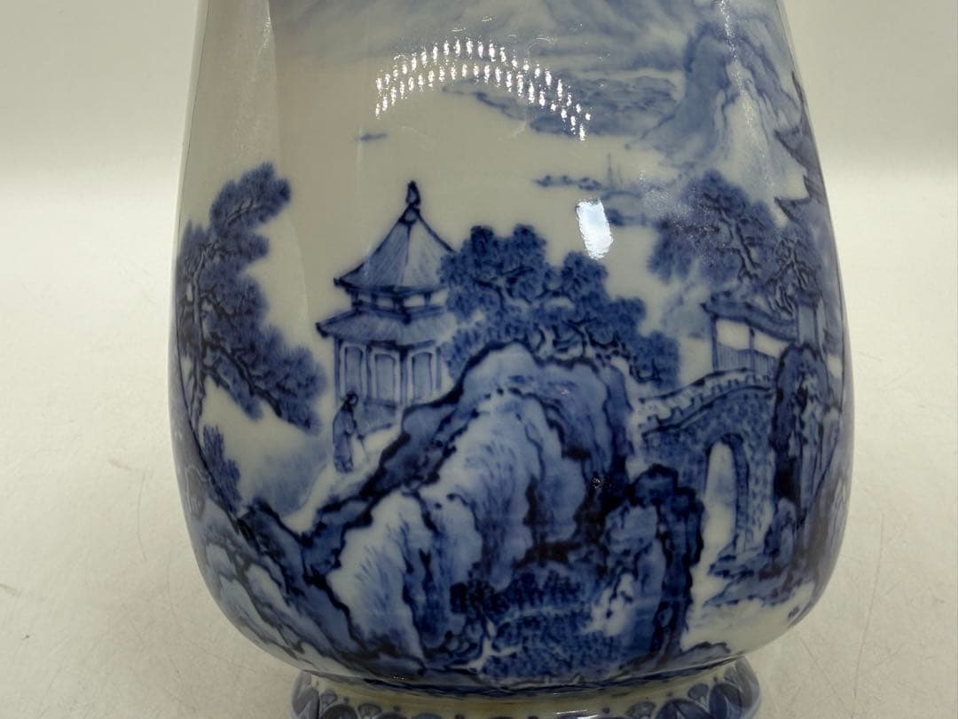 オールド深川　染付花器　山水楼閣紋　送料込み260121