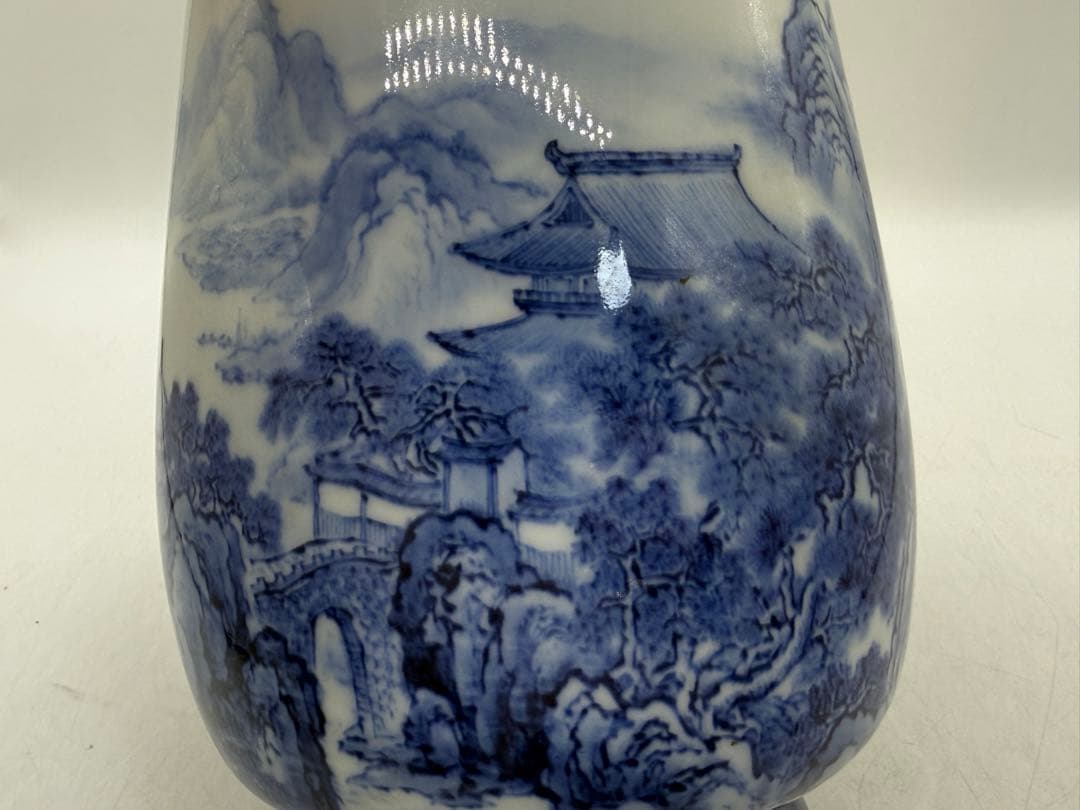 オールド深川　染付花器　山水楼閣紋　送料込み260121