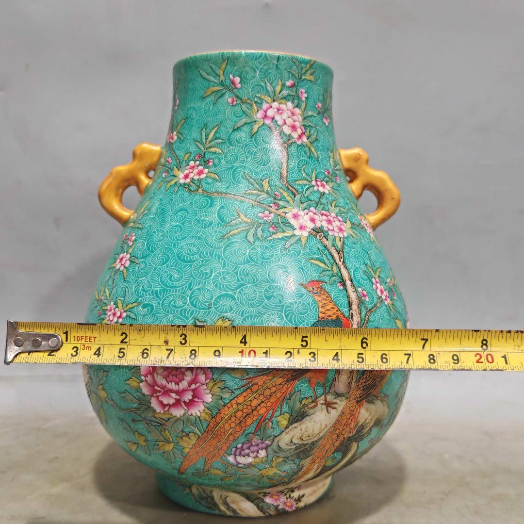 美術品　置物　粉彩雙耳尊　「乾隆御製」銘