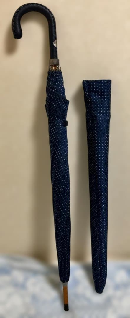マリアフランチェスコ 長傘 ネイビー イエロードット柄　革巻きカーブハンドル
