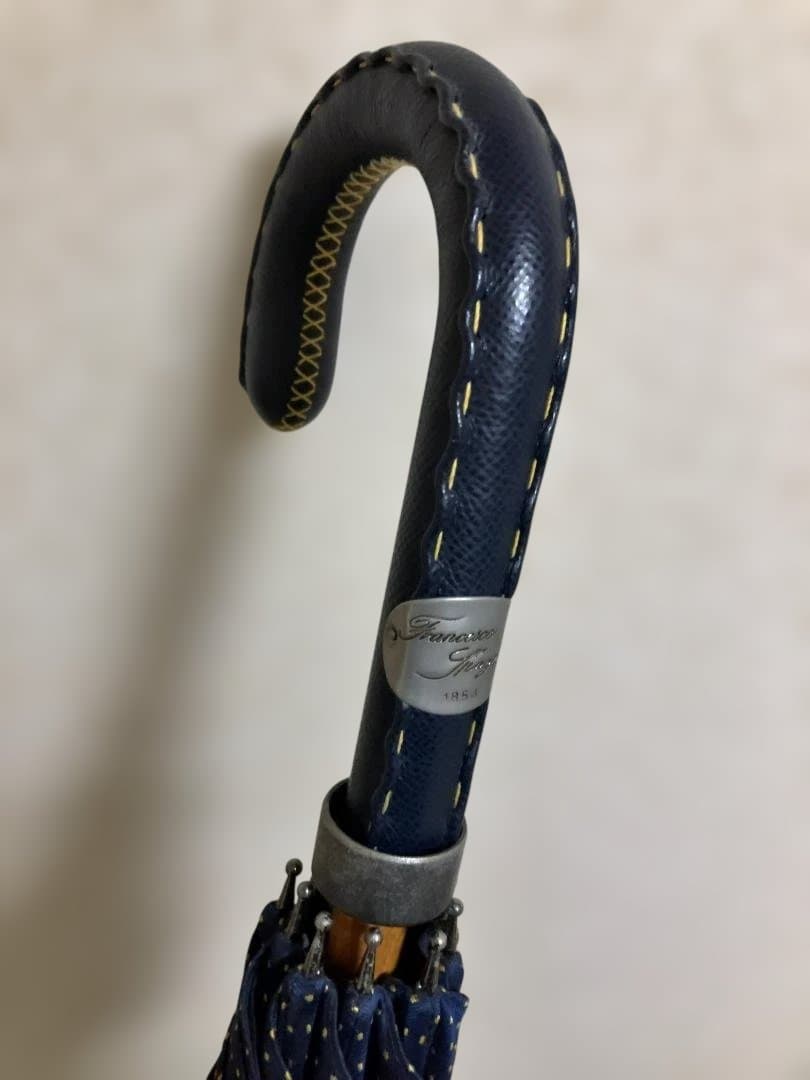 マリアフランチェスコ 長傘 ネイビー イエロードット柄　革巻きカーブハンドル