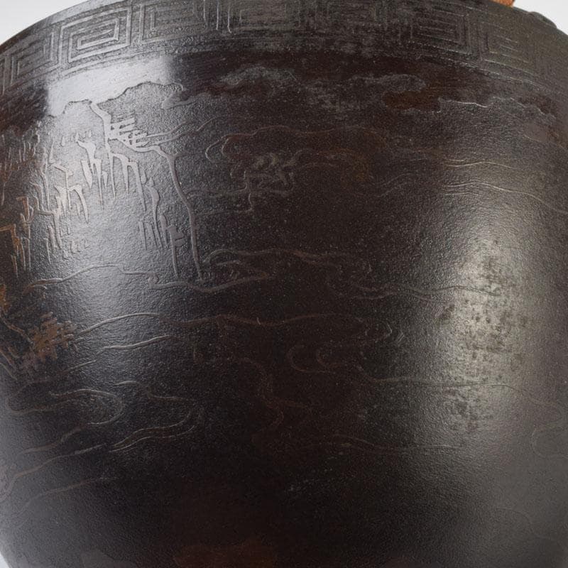 中国　古銅宣徳銅　漢詩山水楼閣文　壁飾　時代箱付　C　9086