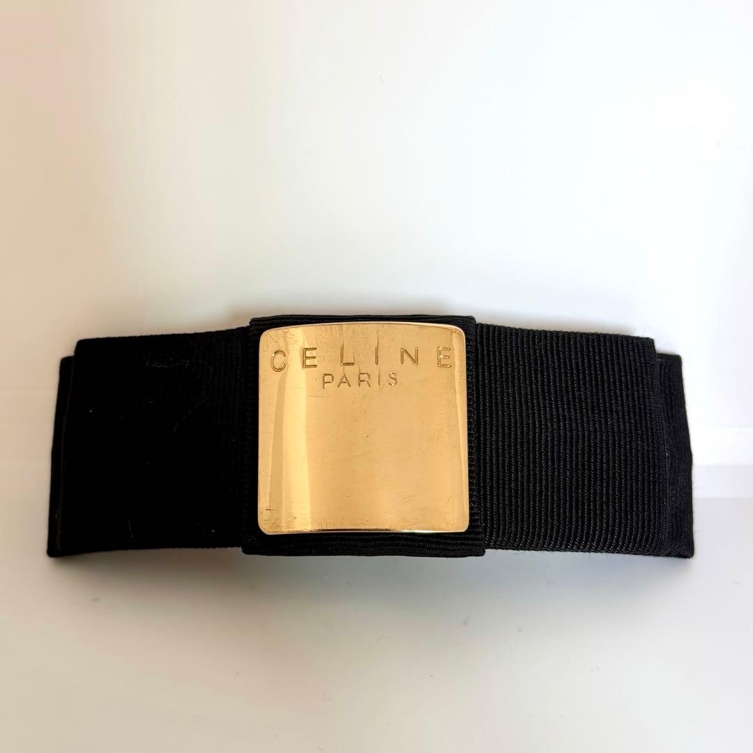 【美品】【セリーヌ】CELINE ロゴ リボン バレッタ 黒 ゴールド色金具