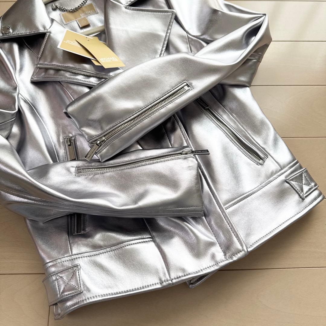 新品 マイケルコース ライダース ジャケット シルバー XS S レザー コート