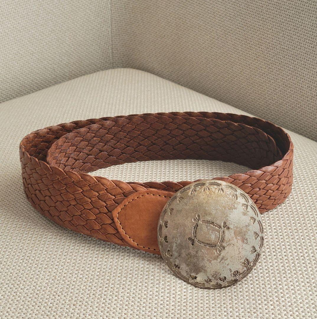 RALPH LAUREN シルバーバックル 本革 メッシュベルトレザー編み込み