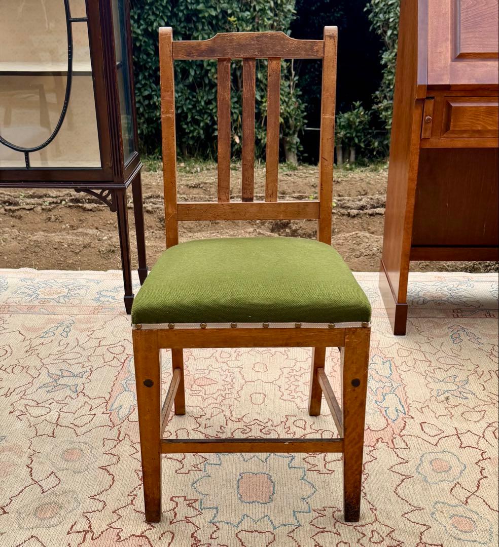 ヴィンテージ オーク無垢材 ダイニングチェア グリーン座面 レトロ