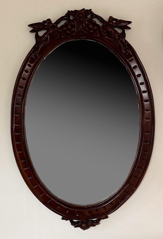 お値下げ　マホガニー製　楕円形　壁掛けミラー　エンゼル　彫刻　輸入家具