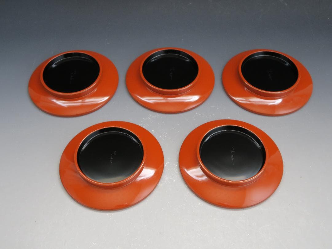 【輪島塗】千舟堂 高台銘々皿 ワジマ千舟作 朱塗 高台黒塗 五客揃 天然木 共箱